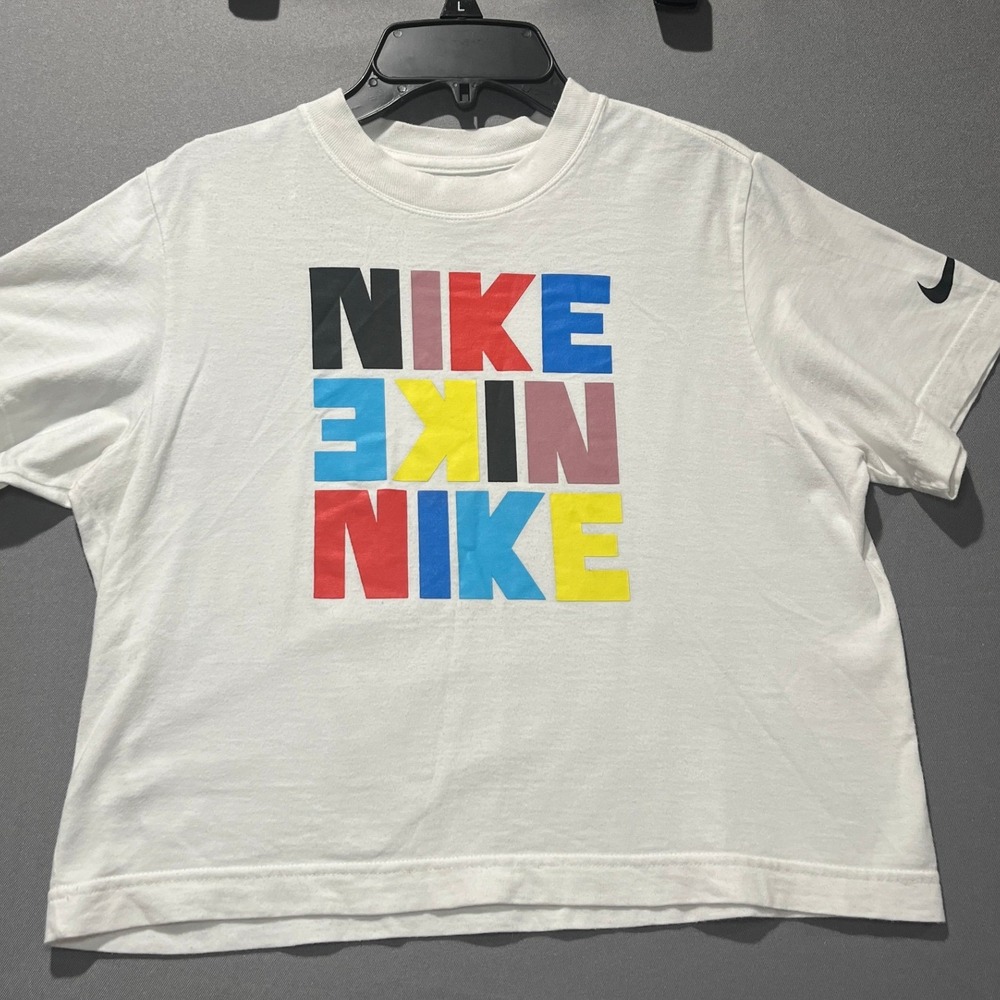 Nike Kids White Multi-Color Block Logo Loose Fit Graphic T-Shirt Small S